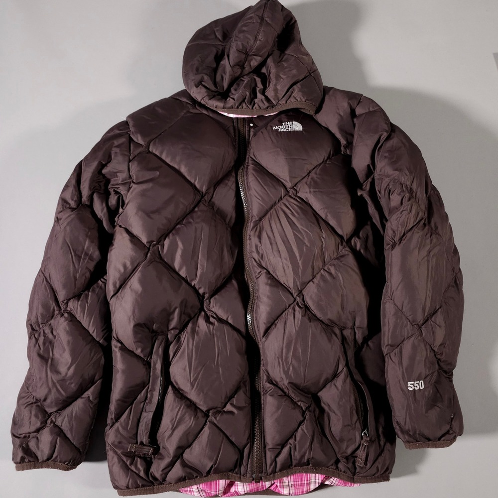 The North Face Puffer Jacket Girls XL Pink Plaid Brown Reversible 550 Down - Picture 7 of 8